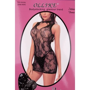 Ollike Fekete Áttetsző Csipke Bodystocking Csillogó Kövekkel