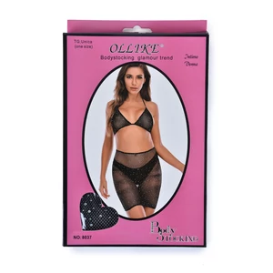Ollike Fekete Áttetsző Csipke Bodystocking Csillogó Kövekkel