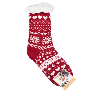 Piros-Fehér Téli Mintás Bélelt Hosszú Szárú Zokni