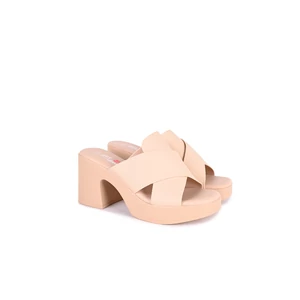 Bézs Keresztpántos Magassarkú Papucs