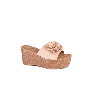 Bézs Platform Háncstalpú Művelúr Papucs Fodros Pánttal