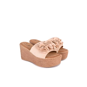 Bézs Platform Háncstalpú Művelúr Papucs Fodros Pánttal