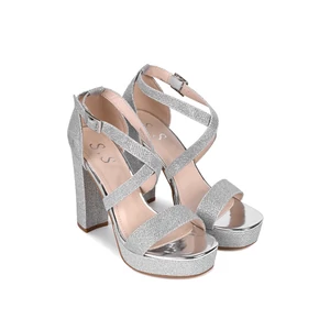 Ezüst Színű Csillogó Alkalmi Blokksarkú Bokapántos Szandál