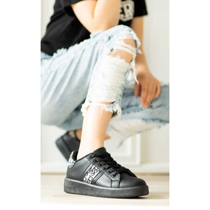 Fekete Magas Talpú Női Fűzős Műbőr Sneaker