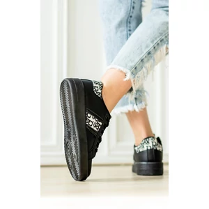 Fekete Magas Talpú Női Fűzős Műbőr Sneaker