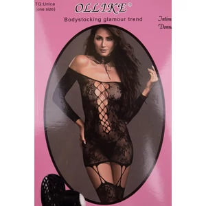 Fekete Csipkés-Hálós Body Stocking Harisnyatartóval