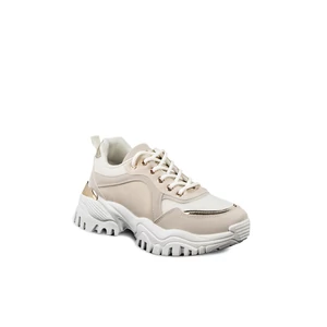 Fényes Csattal Díszített Bézs Női Műbőr Sneaker