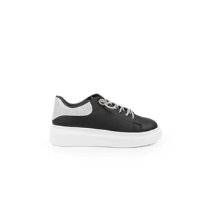 SEASTAR Fekete-Ezüst Műbőr Sneaker Strasszköves Cipőfűzővel