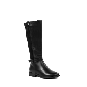 Bosido Fekete Bélelt Műbőr Magasszárú Csizma Művelúr Berakással