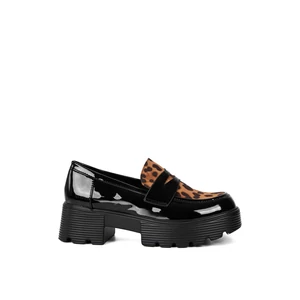 Yesmile Lakk Fekete Párduc Mintás Blokksarkú Loafer