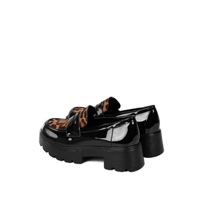 Yesmile Lakk Fekete Párduc Mintás Blokksarkú Loafer
