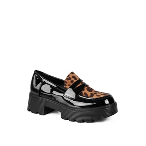 Yesmile Lakk Fekete Párduc Mintás Blokksarkú Loafer