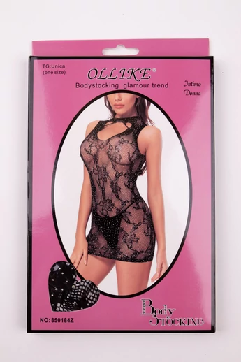 Ollike Fekete Áttetsző Csipke Bodystocking Csillogó Kövekkel