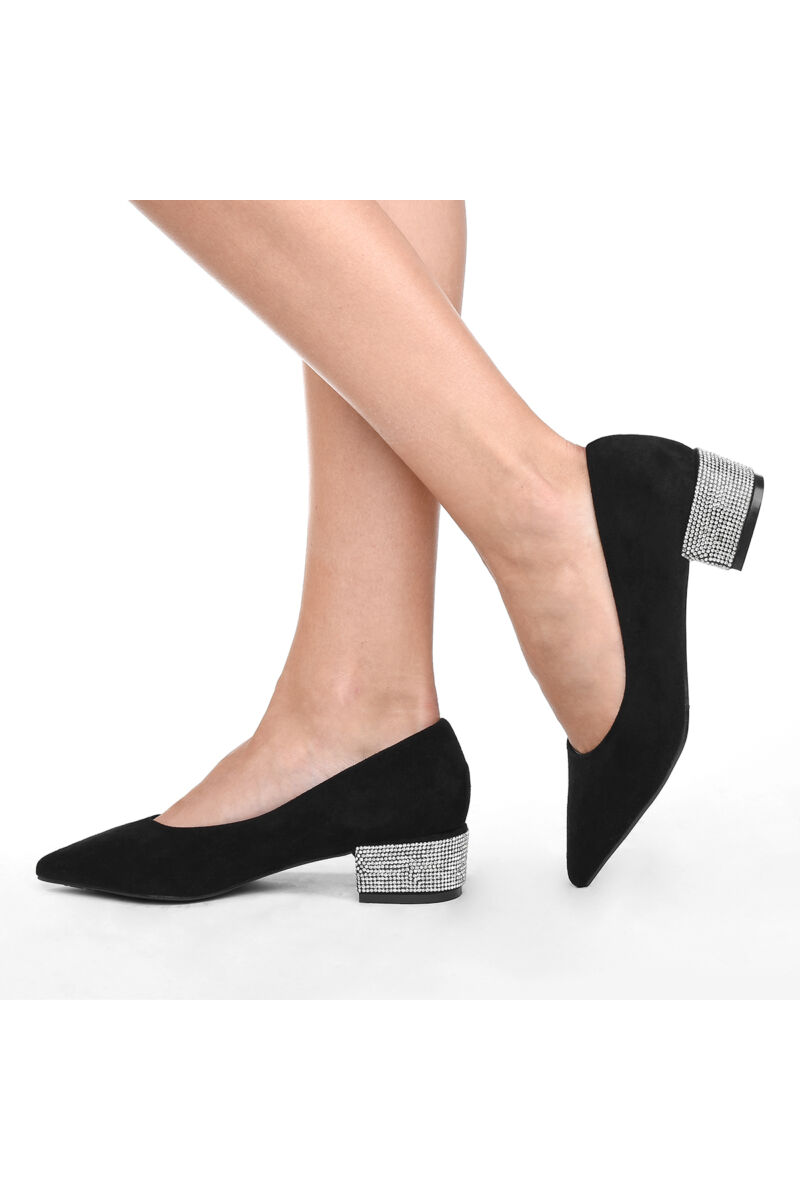 Fekete női strasszos művelúr trottőr sarkú cipő