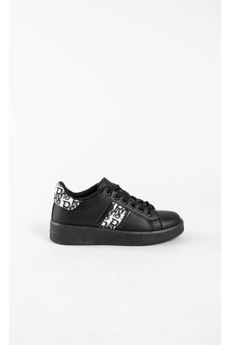 Fekete Magas Talpú Női Fűzős Műbőr Sneaker