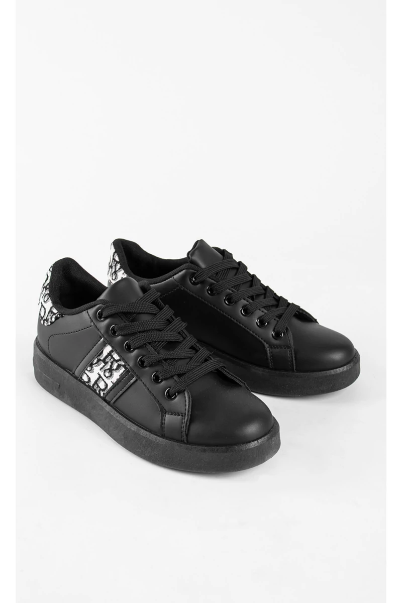 Fekete Magas Talpú Női Fűzős Műbőr Sneaker