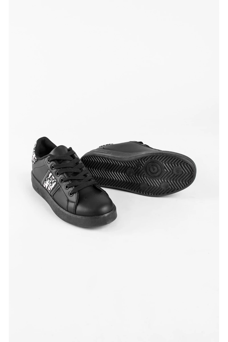 Fekete Magas Talpú Női Fűzős Műbőr Sneaker