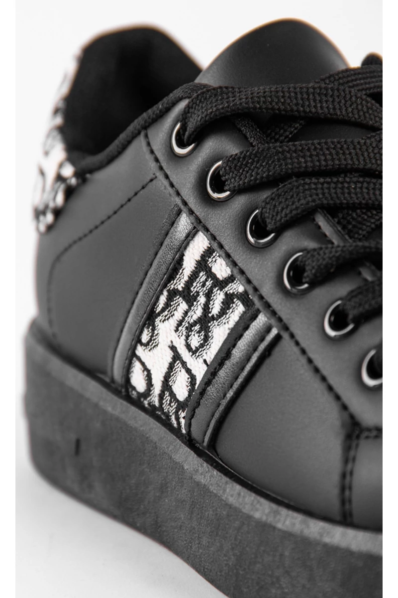 Fekete Magas Talpú Női Fűzős Műbőr Sneaker