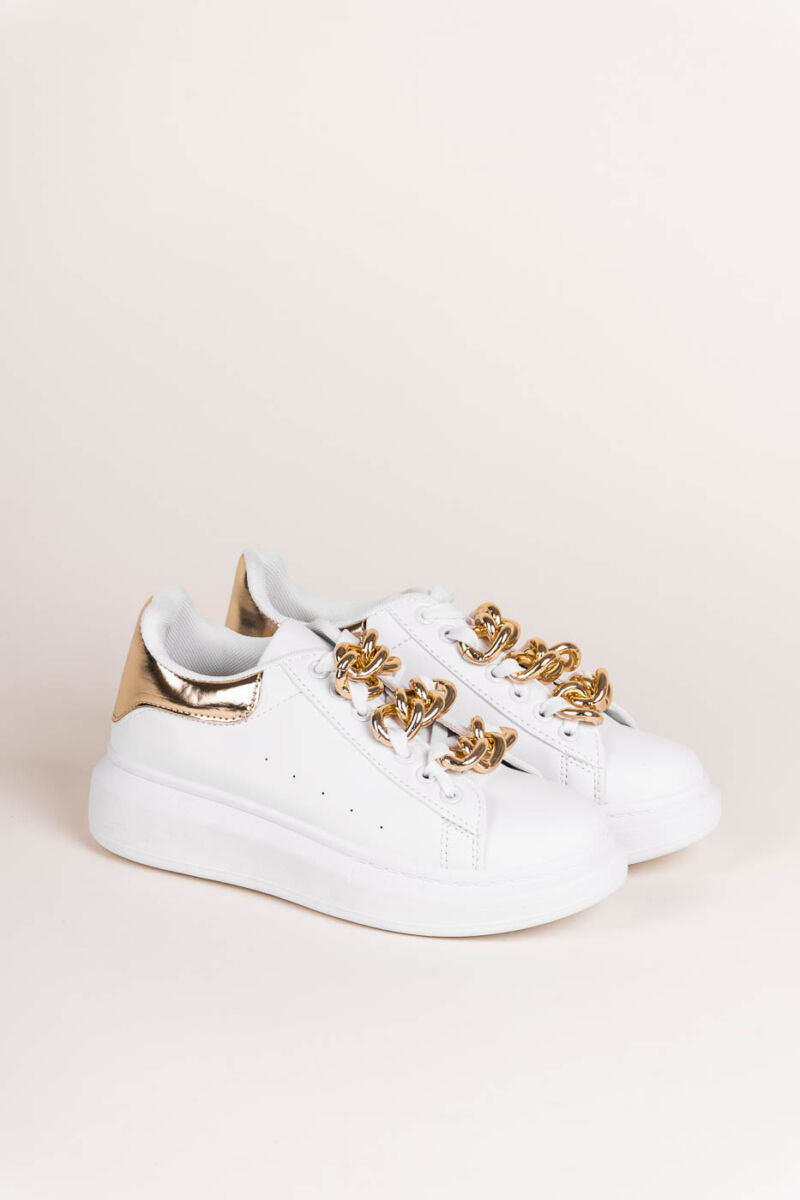 Fehér-Arany Vastagtalpú Lánccal Díszített Női  Műbőr   Sneaker