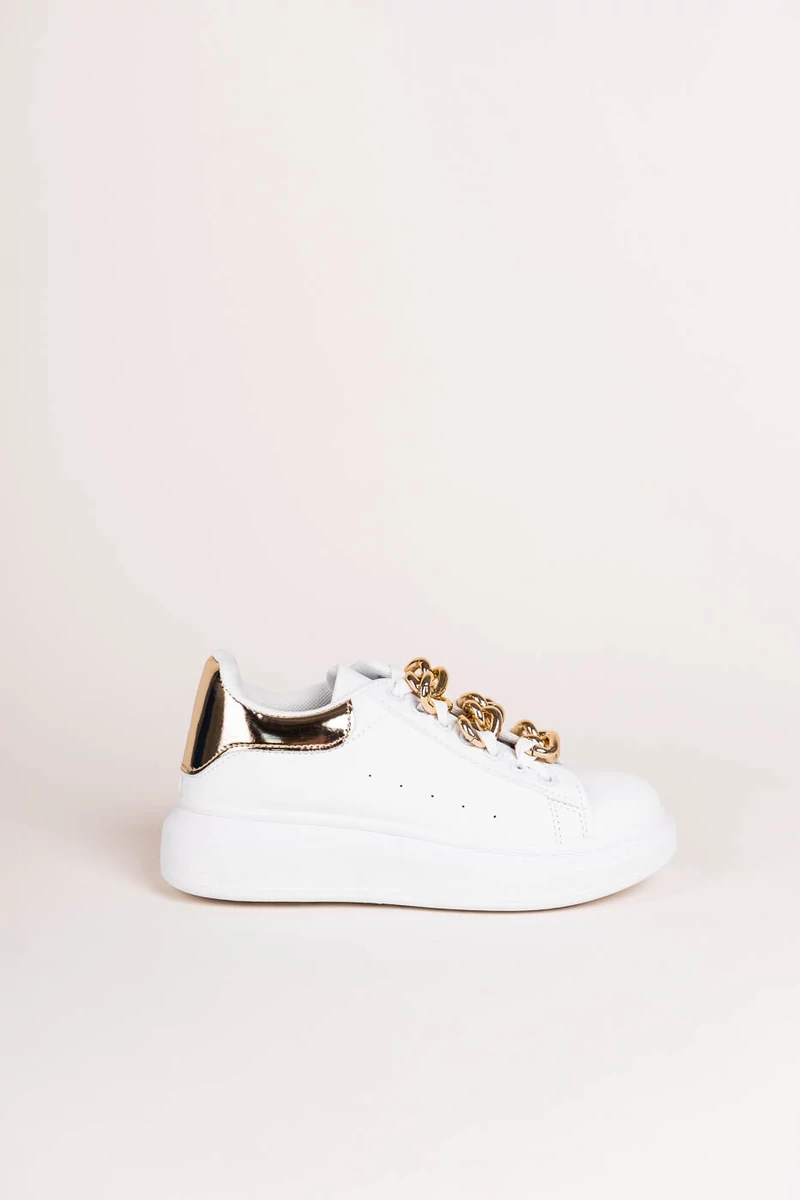 Fehér-Arany Vastagtalpú Lánccal Díszített Női  Műbőr   Sneaker