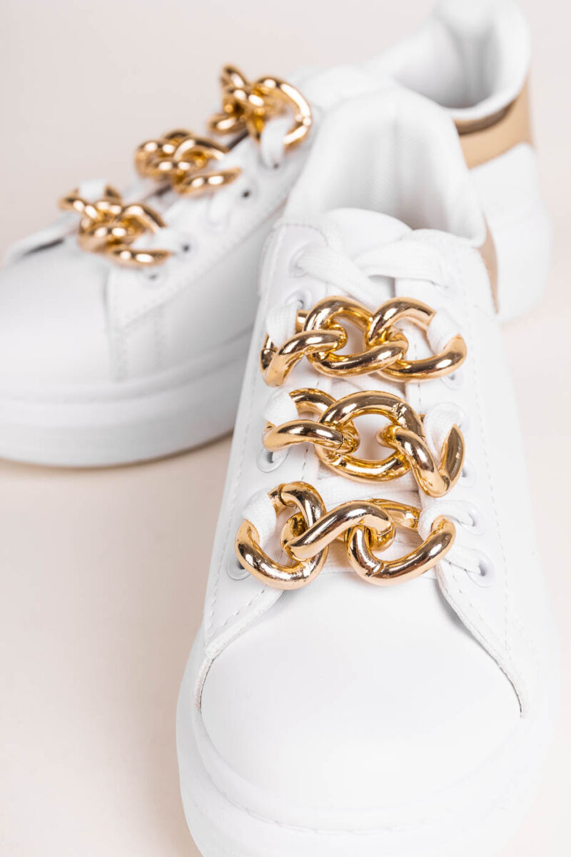 Fehér-Arany Vastagtalpú Lánccal Díszített Női  Műbőr   Sneaker