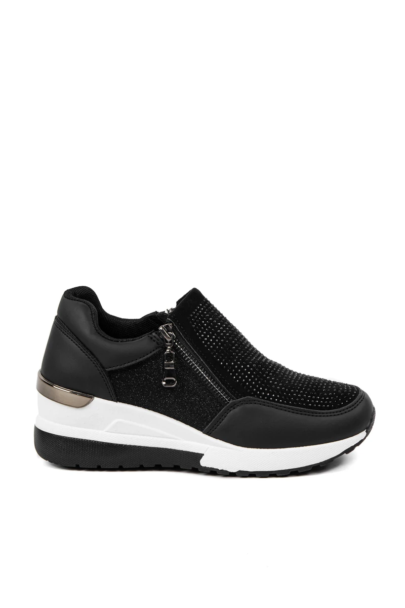 Rejtett Magassarkú Fekete Női Csillogós Sneaker Strasszokkal Díszítve 