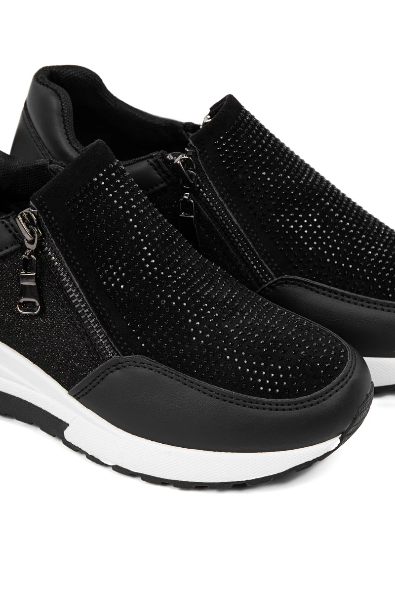Rejtett Magassarkú Fekete Női Csillogós Sneaker Strasszokkal Díszítve 