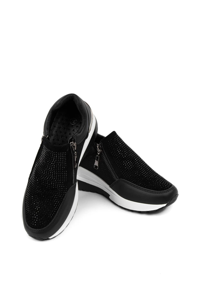 Rejtett Magassarkú Fekete Női Csillogós Sneaker Strasszokkal Díszítve 