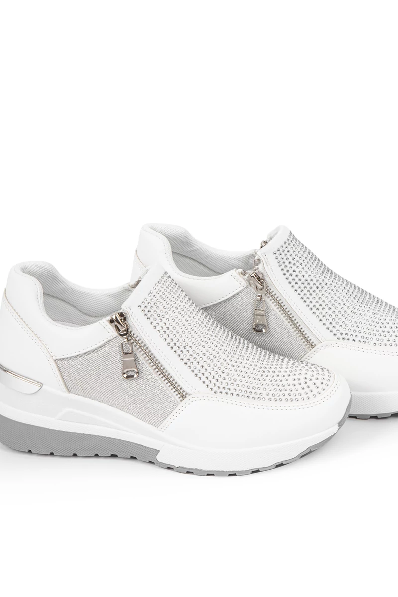 Rejtett Magassarkú Fehér Női Csillogós Sneaker Strasszokkal Díszítve 