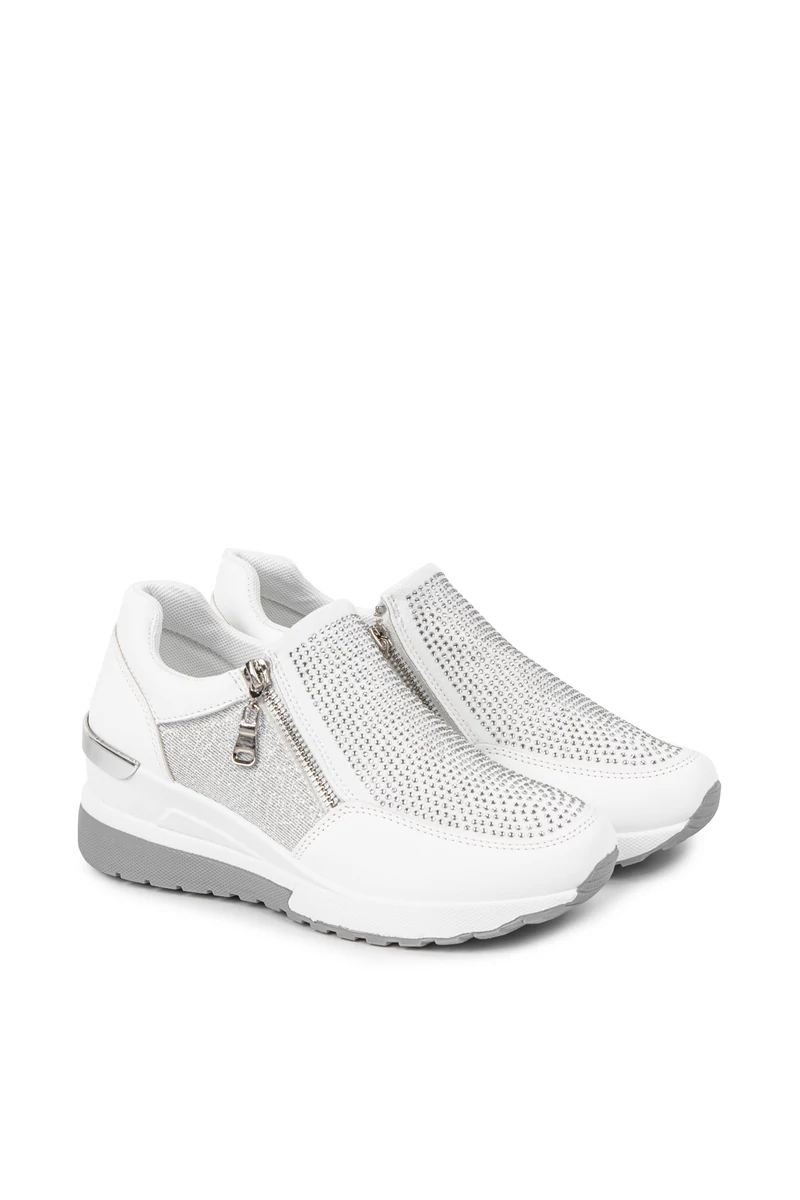 Rejtett Magassarkú Fehér Női Csillogós Sneaker Strasszokkal Díszítve 