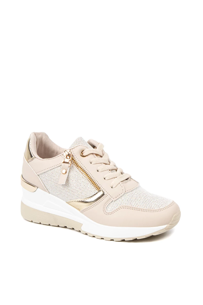 Bézs-Arany Csillogós Sneaker Platformos Talppal