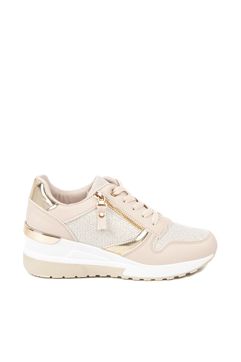 Bézs-Arany Csillogós Sneaker Platformos Talppal
