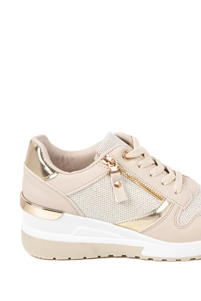 Bézs-Arany Csillogós Sneaker Platformos Talppal