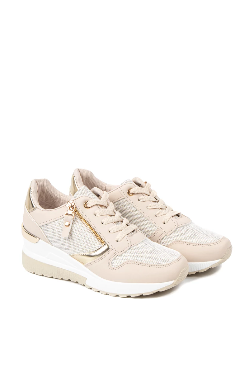 Bézs-Arany Csillogós Sneaker Platformos Talppal