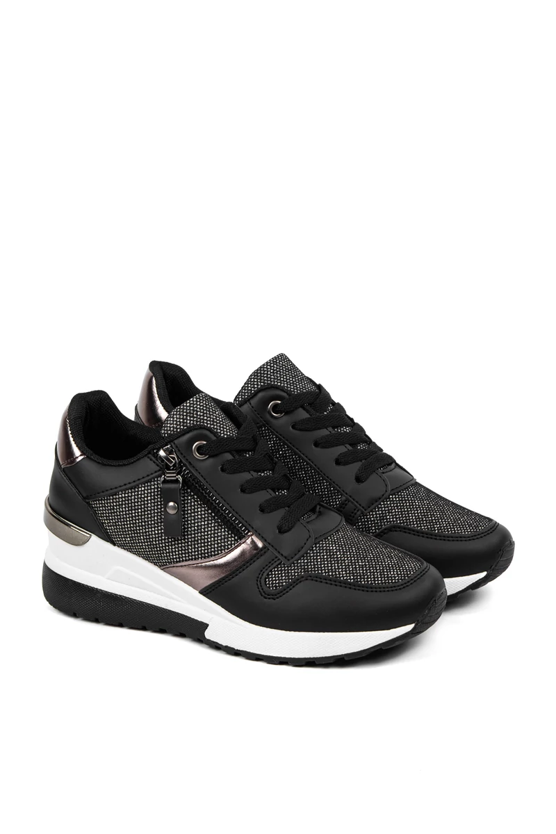 Rejtett Magassarkú Fekete-Bronz Csillogós Sneaker 