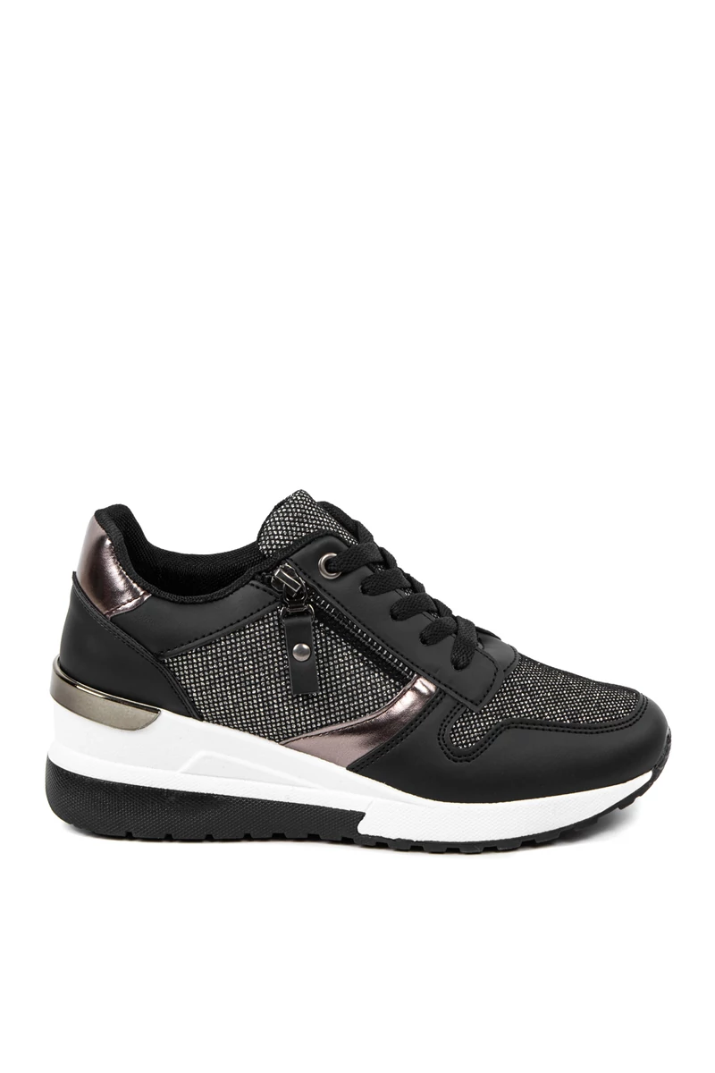 Rejtett Magassarkú Fekete-Bronz Csillogós Sneaker 