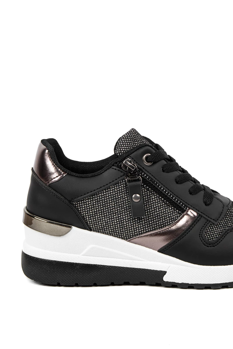 Rejtett Magassarkú Fekete-Bronz Csillogós Sneaker 