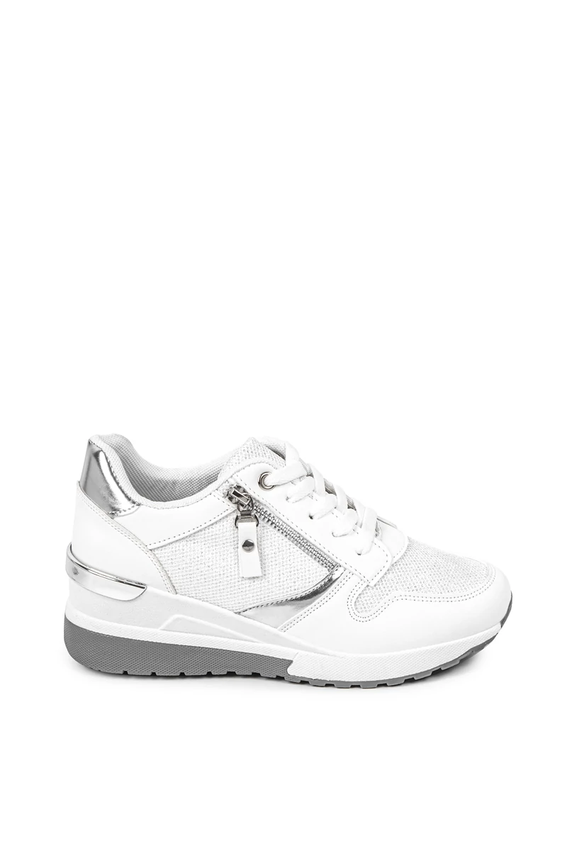Rejtett Magassarkú Fehér-Ezüst Csillogós Sneaker 