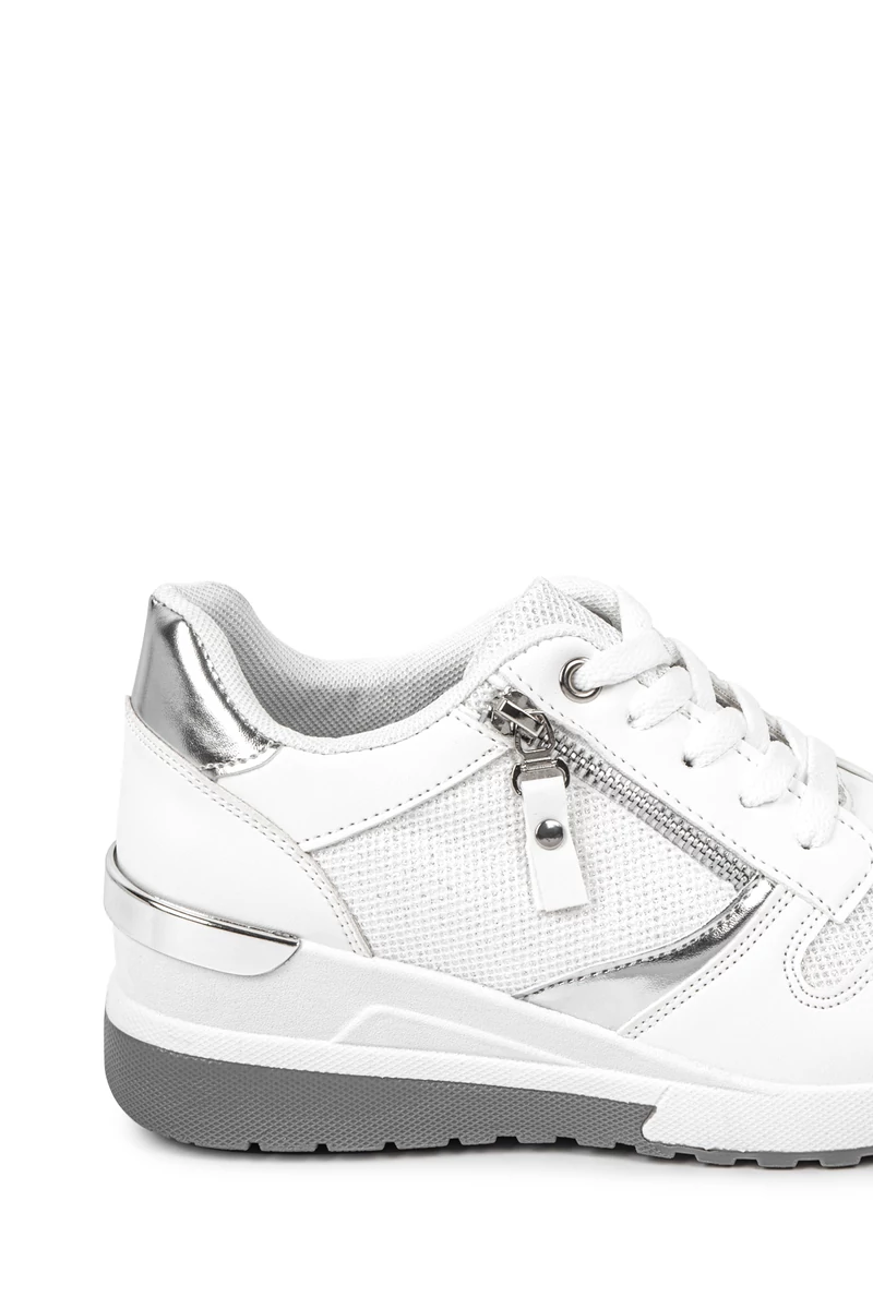 Rejtett Magassarkú Fehér-Ezüst Csillogós Sneaker 