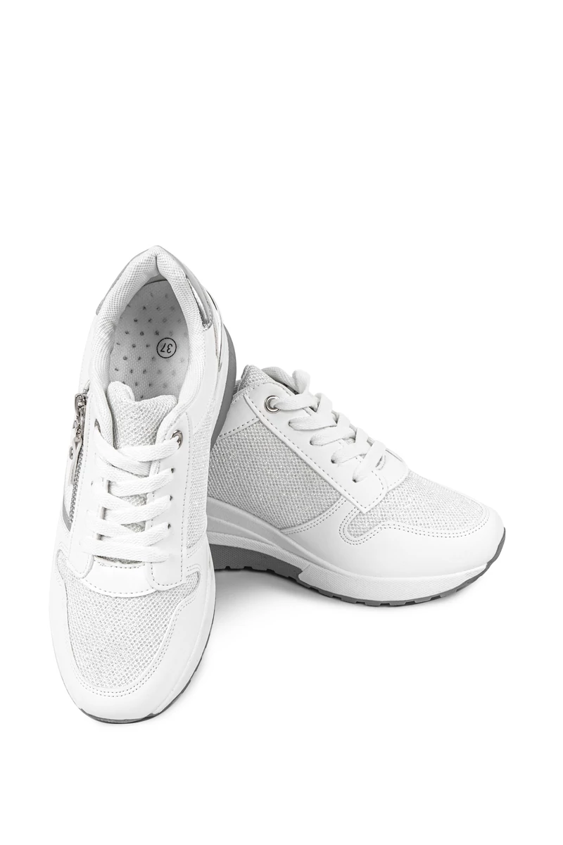 Rejtett Magassarkú Fehér-Ezüst Csillogós Sneaker 