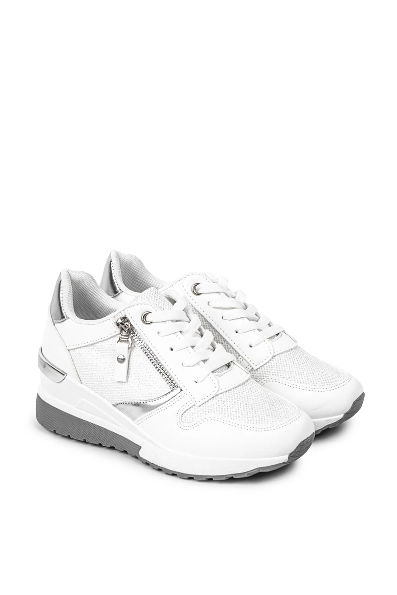 Rejtett Magassarkú Fehér-Ezüst Csillogós Sneaker 
