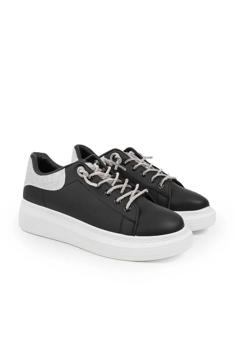 SEASTAR Fekete-Ezüst Műbőr Sneaker Strasszköves Cipőfűzővel