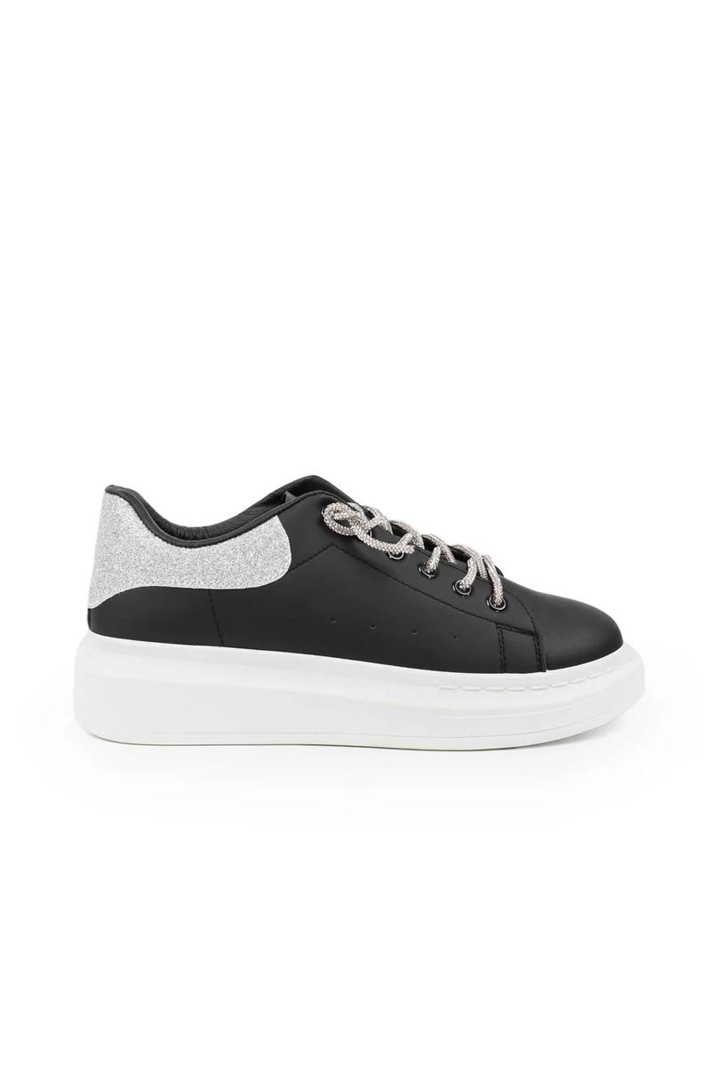 SEASTAR Fekete-Ezüst Műbőr Sneaker Strasszköves Cipőfűzővel