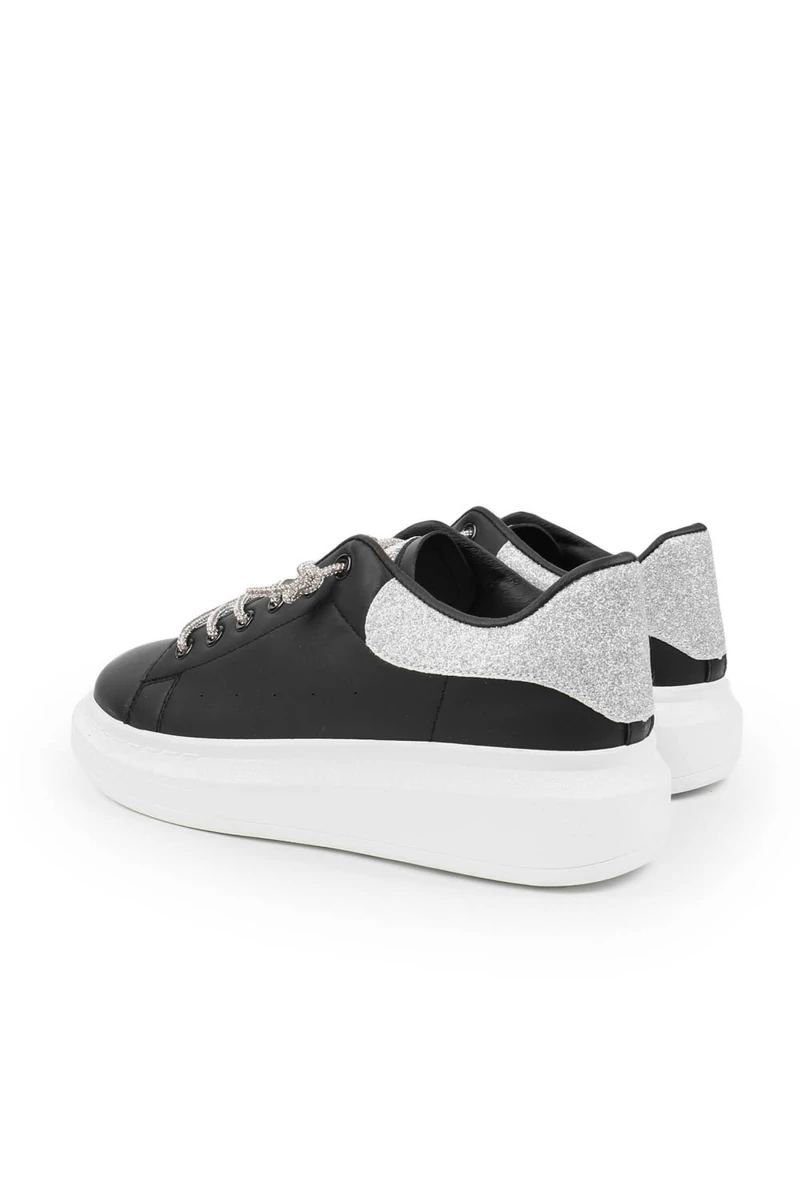 SEASTAR Fekete-Ezüst Műbőr Sneaker Strasszköves Cipőfűzővel