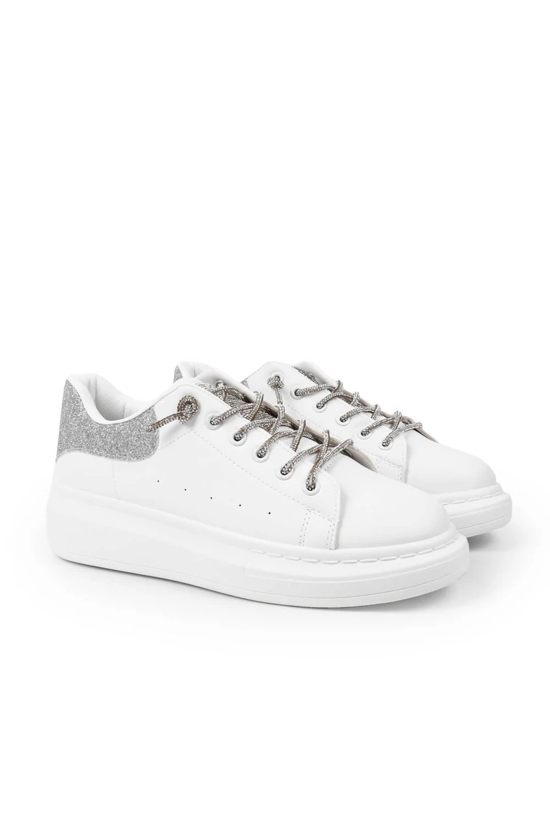 SEASTAR Fehér-Ezüst Műbőr Sneaker Strasszköves Cipőfűzővel