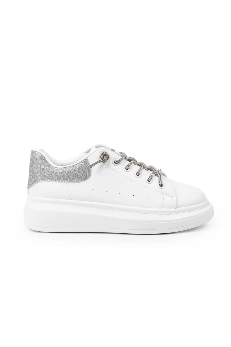 SEASTAR Fehér-Ezüst Műbőr Sneaker Strasszköves Cipőfűzővel