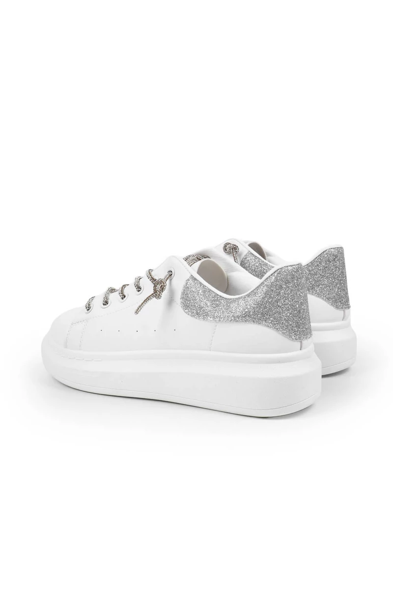 SEASTAR Fehér-Ezüst Műbőr Sneaker Strasszköves Cipőfűzővel